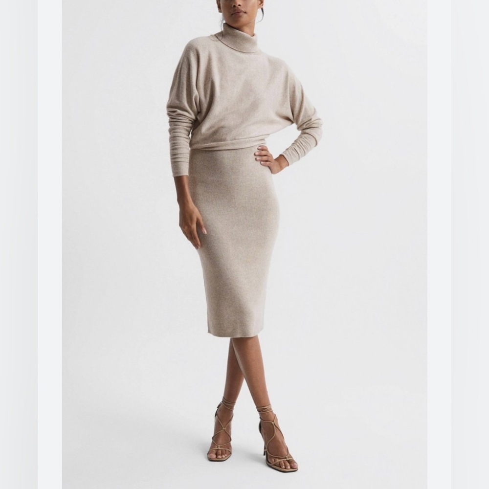 REISS Wool-Cashmere Blend Roll Neck Dress - Light Brown